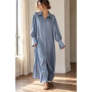NAP Loungewear Drape Satin Maxi Shirt Dress Robe Puff Sleeve Frost Blue S